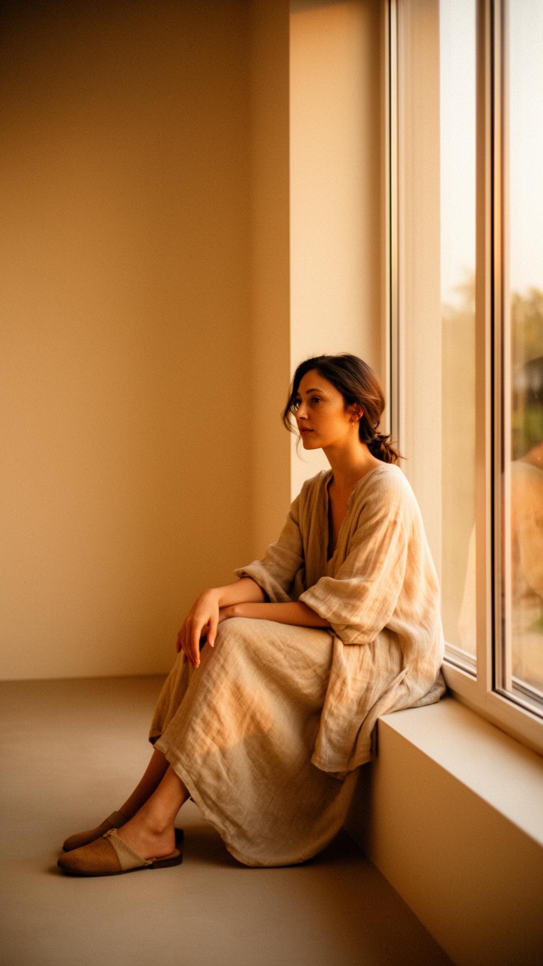 Mujer sentada en un interior cálido y minimalista al amanecer